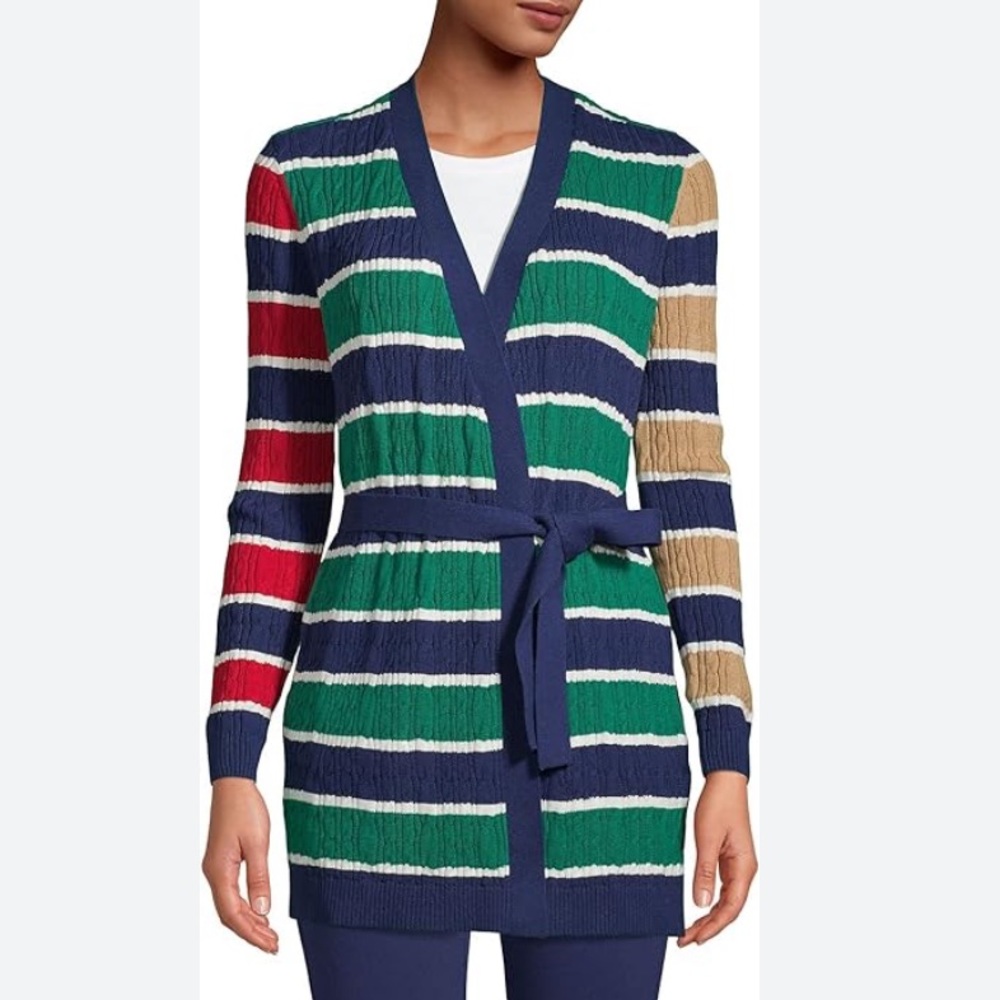 Lands' End 100% Cotton Knit Striped Open Front Cardigan Sweater